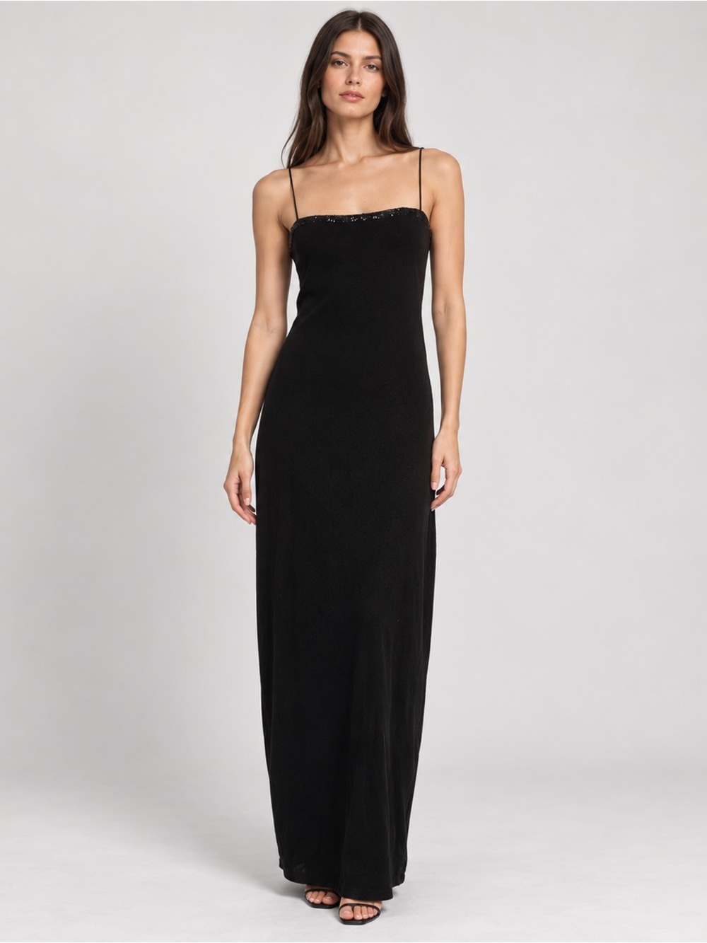 90s Minimalism Ralph Lauren Black Maxi Dress Silk Column Gown Sequin Sleeveless